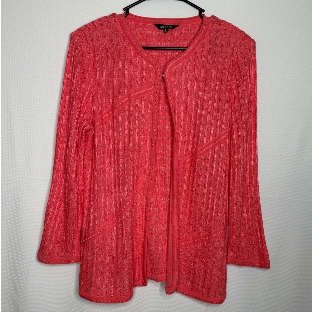 Misook Cardigan Jacket Coral Pink Ribbed Knit Hook Eye size Medium